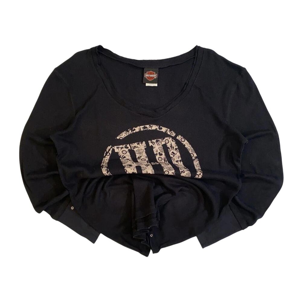 Harley Davidson Women's Waffle Knit Long Sleeve Shirt Black XXL